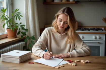 Jeune femme préparant des invitations de mariage à la maison