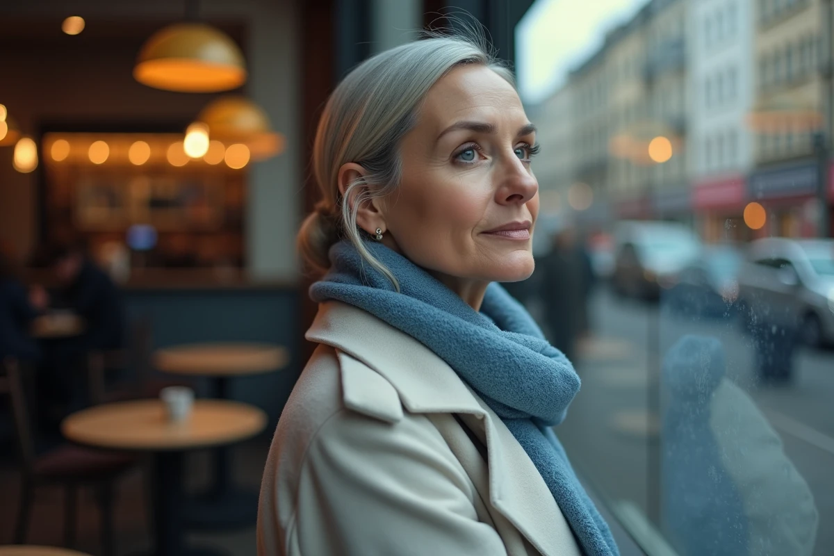 Femme pensant dans un café urbain en regardant par la fenêtre