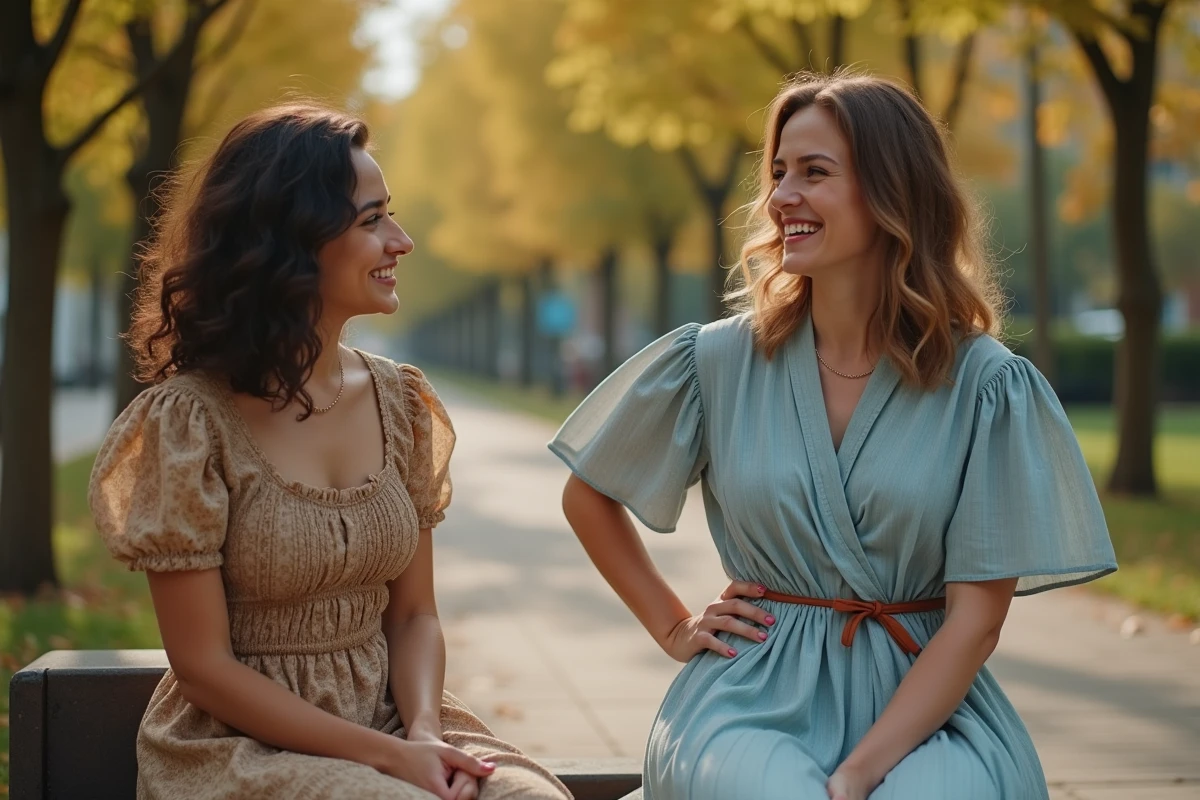 Femme ajustant sa robe dans un parc en automne