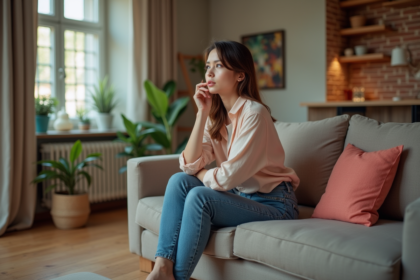 Jeune femme pensive dans un salon aux couleurs discordantes
