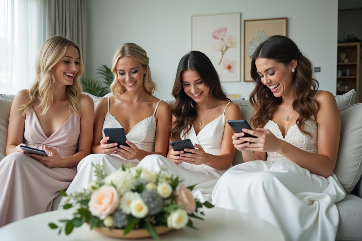 Groupe de jeunes femmes en préparation de mariage sur un canapé