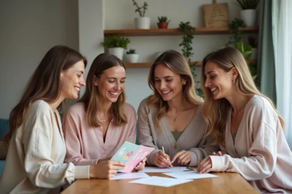 Quatre femmes rient autour d'une table pour un jeu convivial