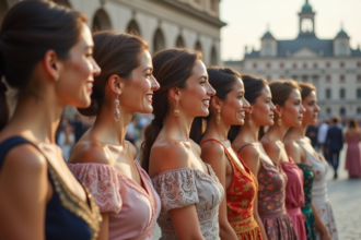 Groupe de femmes en tenues traditionnelles dans une place urbaine