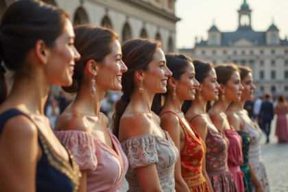 Groupe de femmes en tenues traditionnelles dans une place urbaine