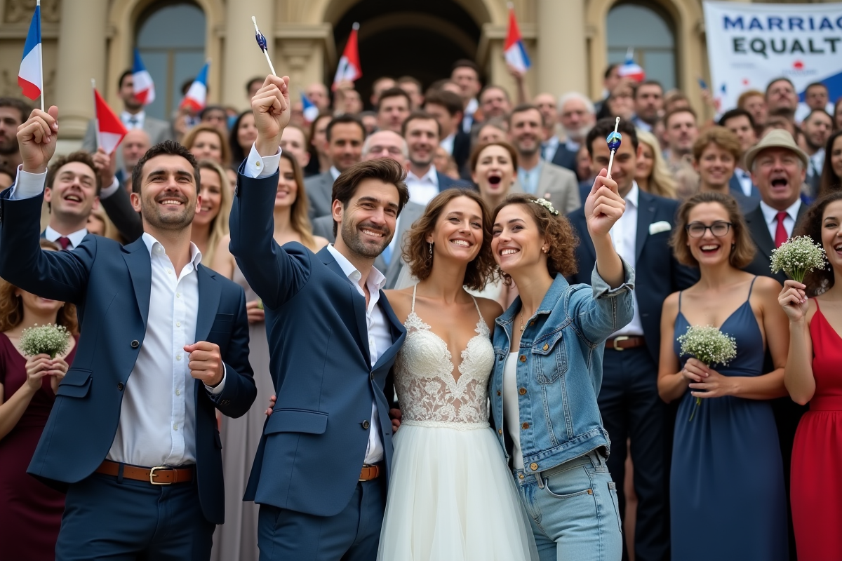 Groupe de couples et supporters célébrant un mariage gay dans les escaliers de Paris
