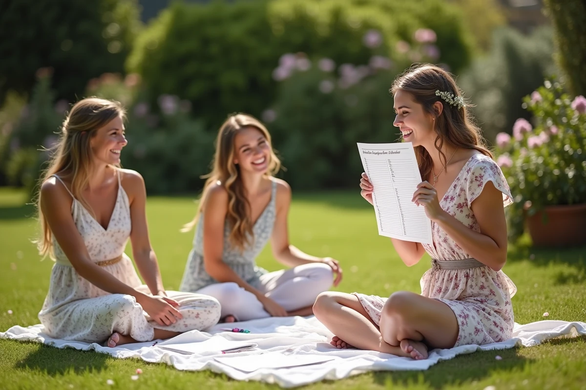 Jeune femme souriante avec un quiz dans un jardin ensoleille