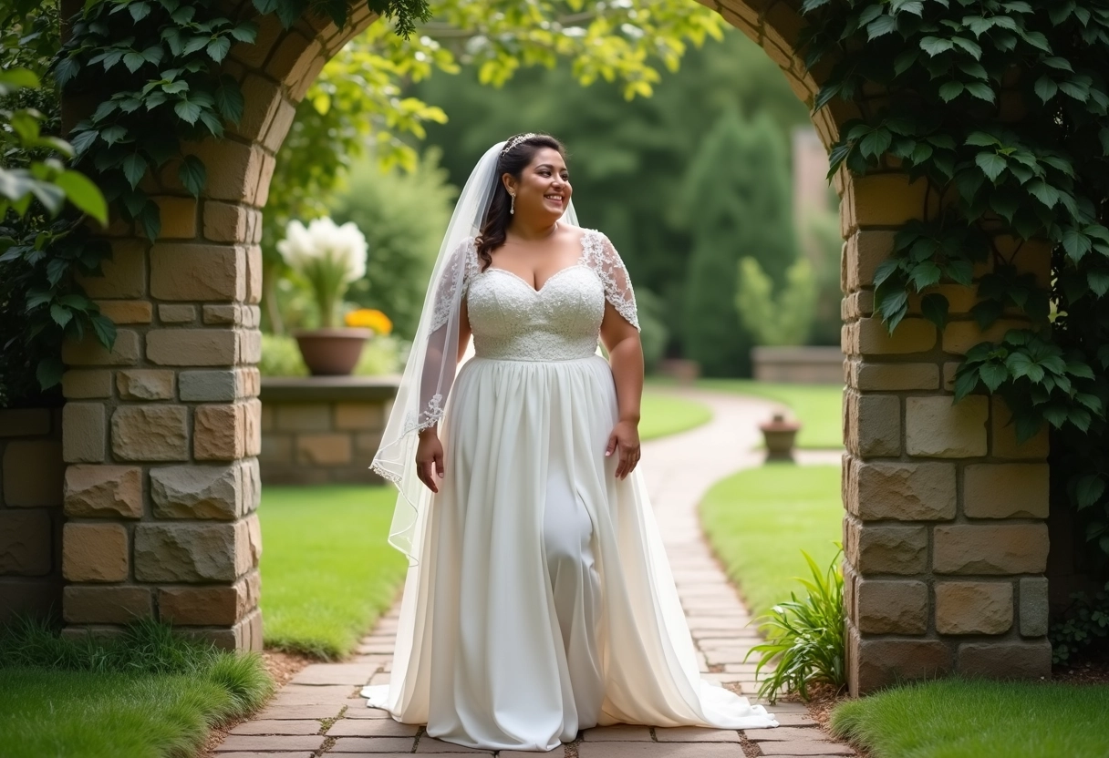 Jeune mariée dans un jardin avec arche et robe élégante