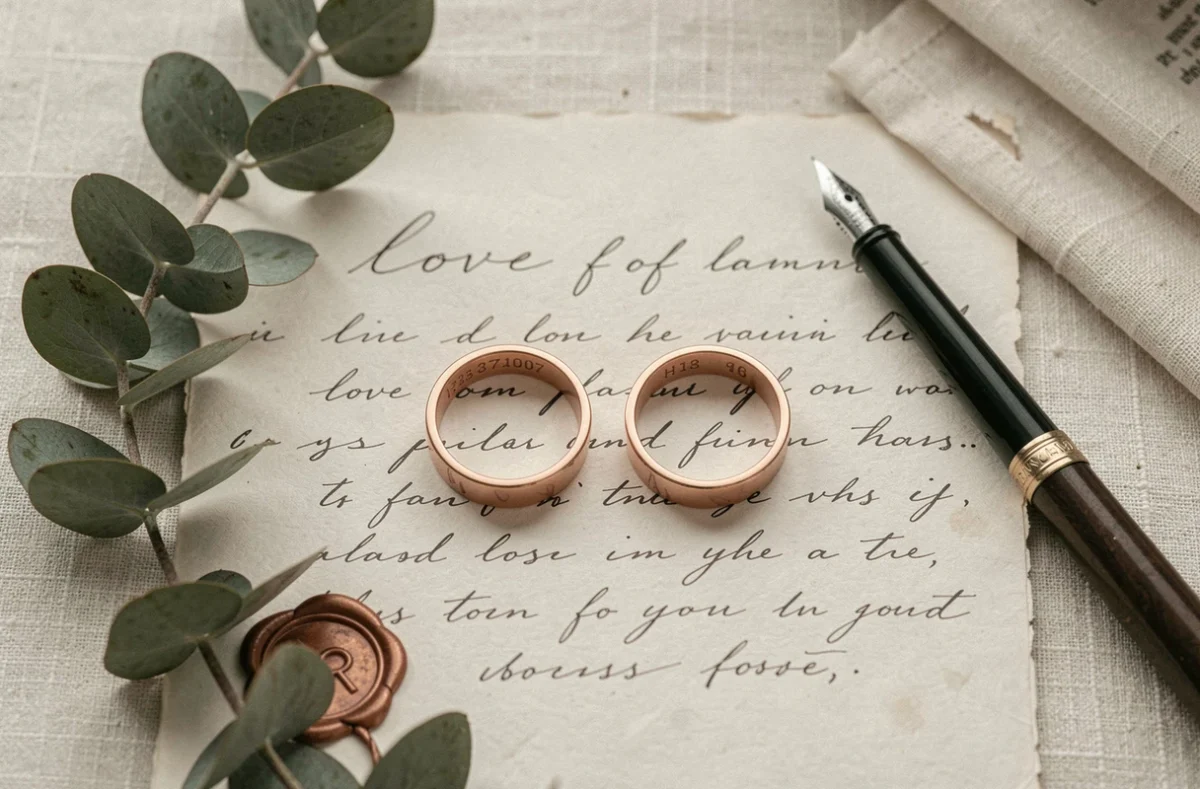 Flat lay de deux bagues duo en or rose gravées posées sur une lettre d'amour manuscrite avec accessoires romantiques