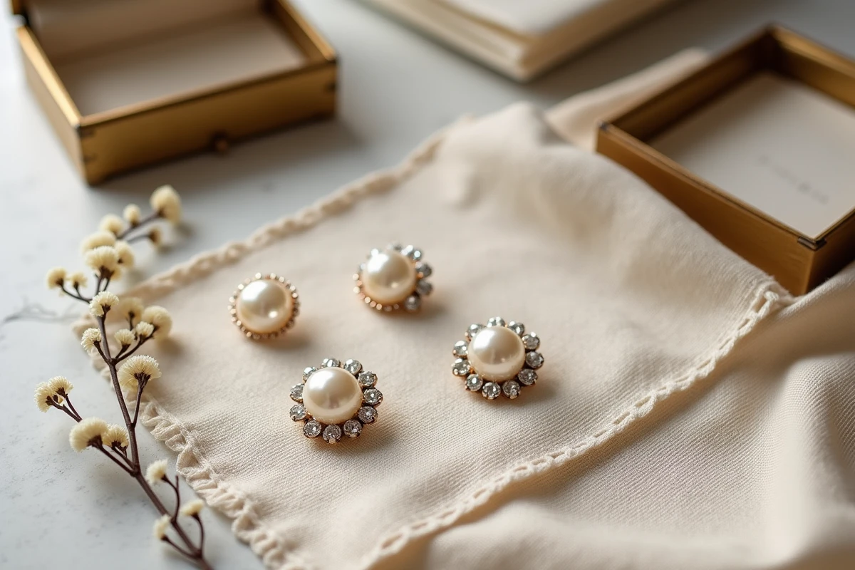 Flat lay de boucles d'oreilles marie en perle et strass sur tissu de lin vintage avec décor de fleurs séchées