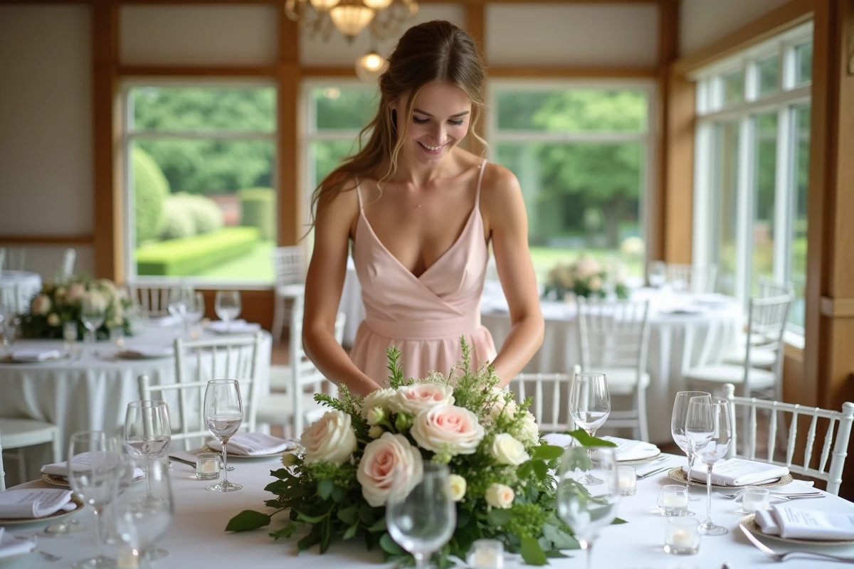 Jeune femme arrangeant des roses blanches et blush lors d'un mariage