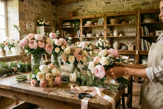Atelier de fleuriste mariage dans les Pays de la Loire, tables couvertes de fleurs de saison et bouquets nuptials en cours de composition