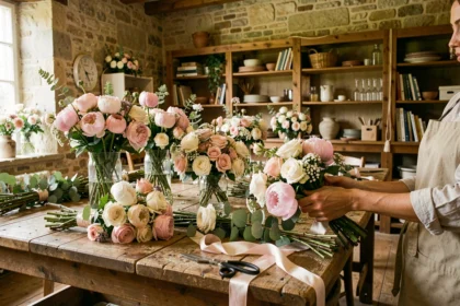 Atelier de fleuriste mariage dans les Pays de la Loire, tables couvertes de fleurs de saison et bouquets nuptials en cours de composition
