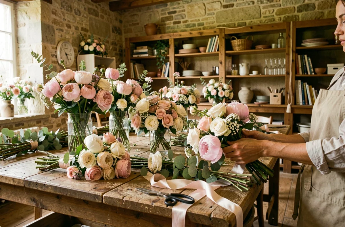 Atelier de fleuriste mariage dans les Pays de la Loire, tables couvertes de fleurs de saison et bouquets nuptials en cours de composition