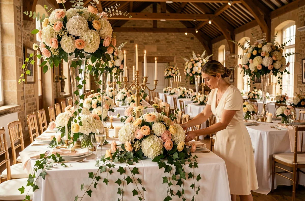 Genny's Flowers, location et décoration florale en Anjou, salle de réception de mariage ornée de centres de table luxuriants d'hortensias et renoncules