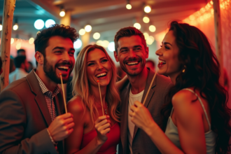 Groupe d'amis souriants dans un photobooth festif