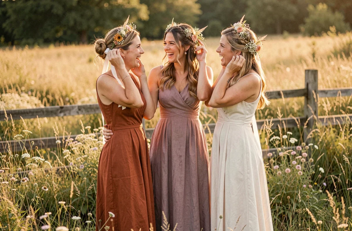 Trois demoiselles d'honneur en robes bohèmes avec coiffures tressées et fleuries dans une prairie dorée lors d'un mariage champêtre
