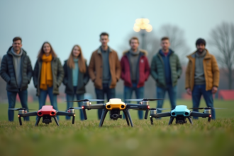 Groupe d'adultes préparant des drones en plein air dans un parc