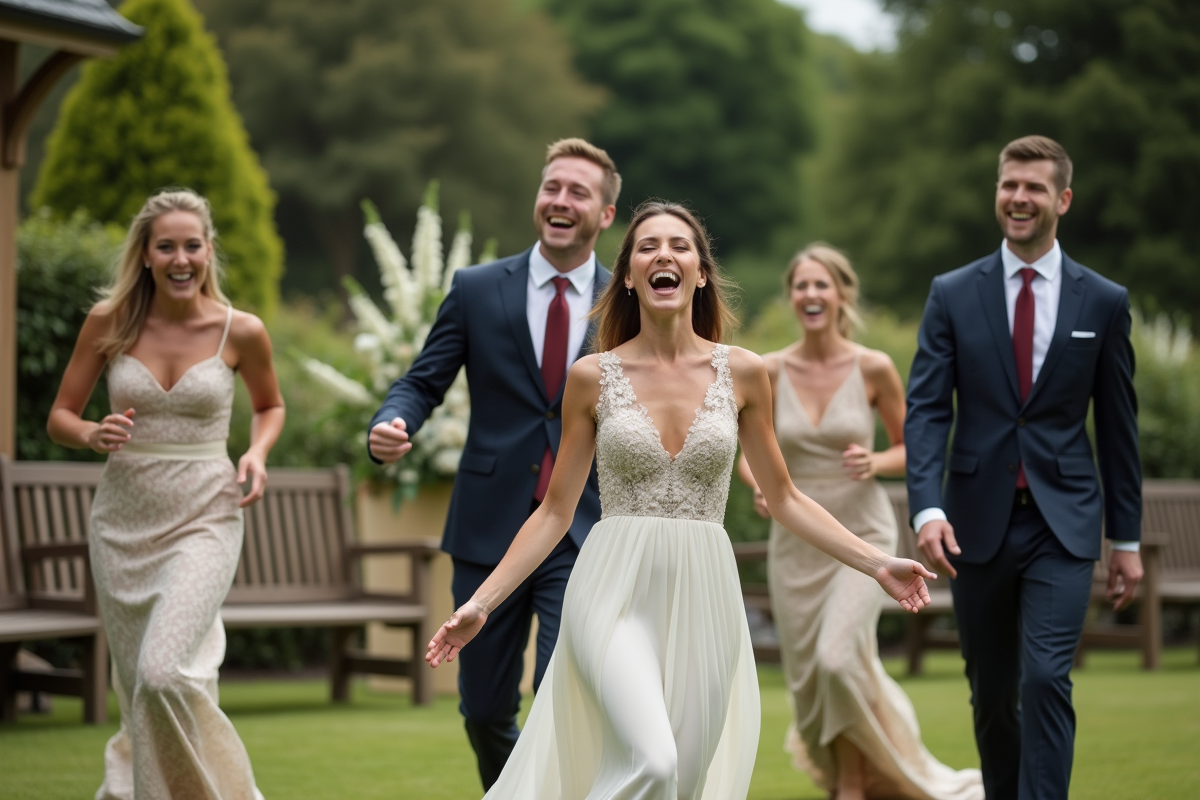 Groupe d'invites de mariage riant dans un jardin