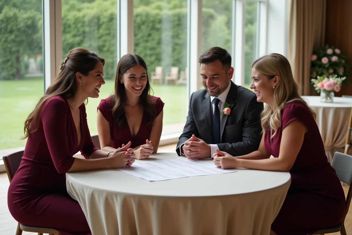 Groupe de témoins de mariage riant en découvrant les règles des jeux lors du cocktail