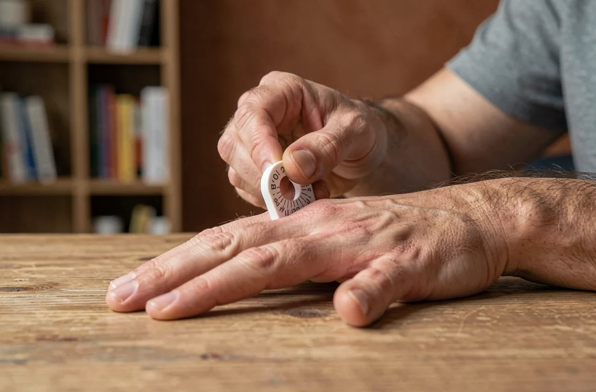 Homme utilisant un guide de mesure imprimé pour trouver sa taille de bague