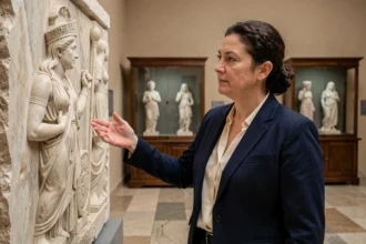 Conservatrice de musée devant un bas-relief grec antique représentant la déesse Héra, dans une galerie d'histoire classique