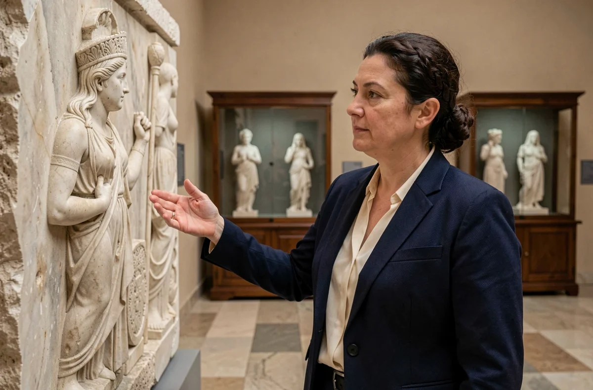 Conservatrice de musée devant un bas-relief grec antique représentant la déesse Héra, dans une galerie d'histoire classique