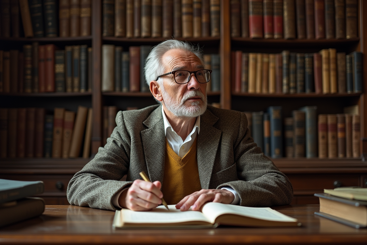 Historien âgé étudiant un journal ancien dans une bibliothèque