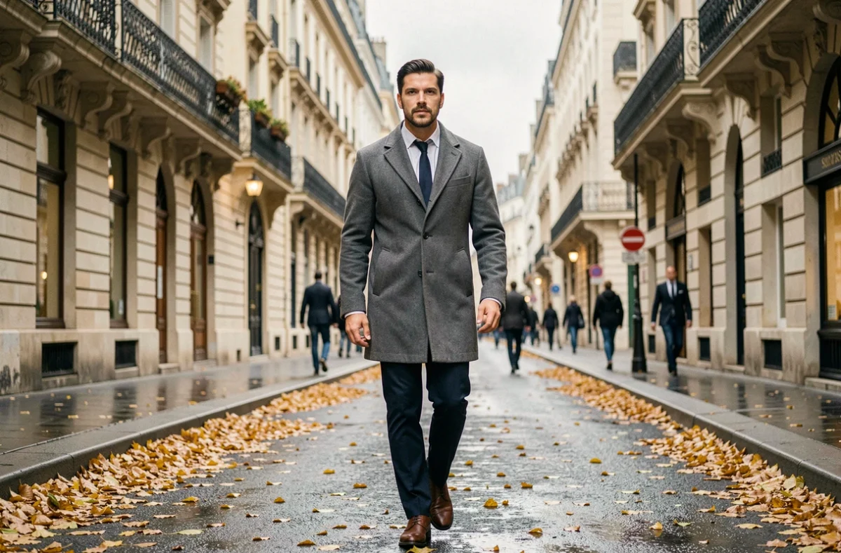 Homme élégant marchant sur un boulevard parisien en automne, illustrant la discrétion face à la notoriété publique