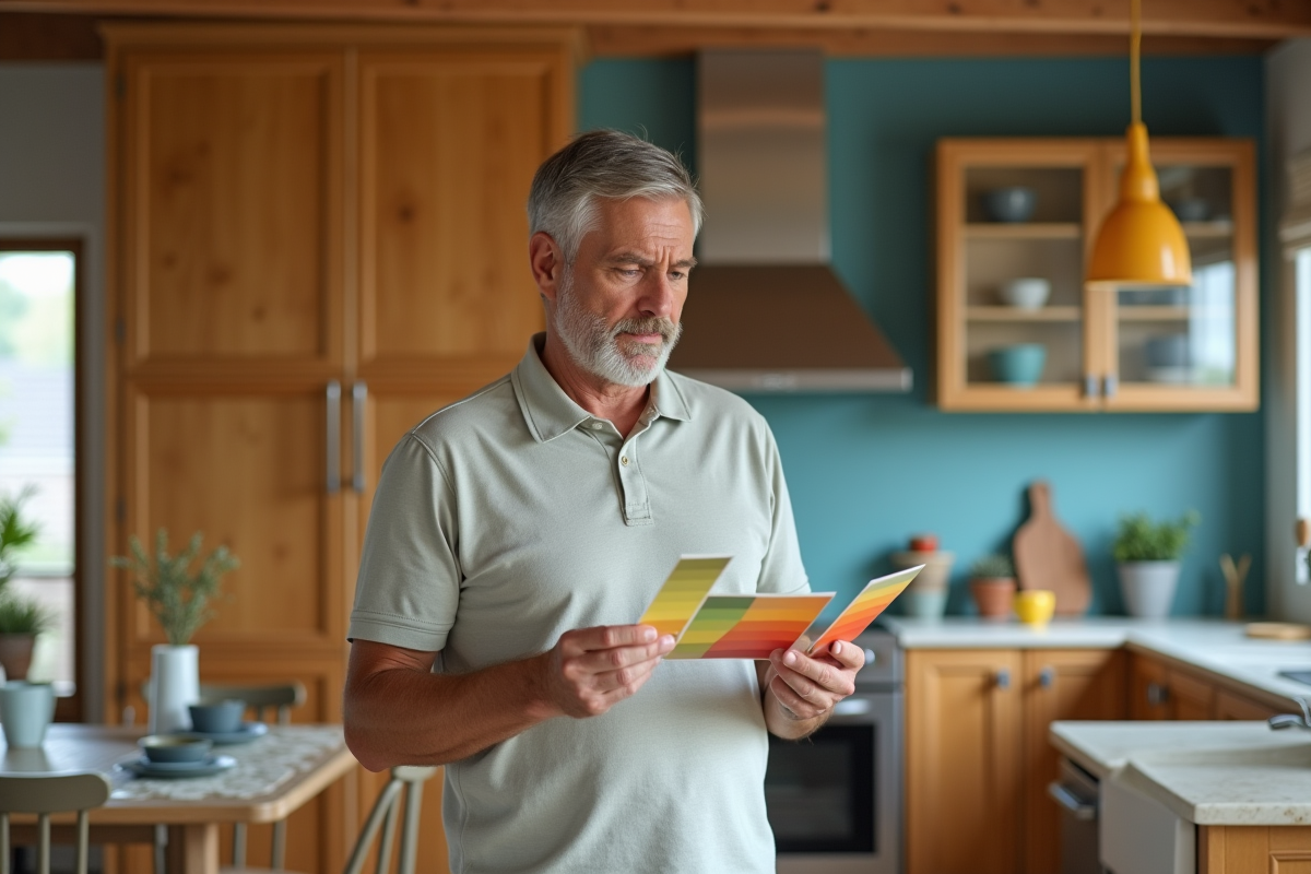 Homme comparant des échantillons de couleurs dans la cuisine