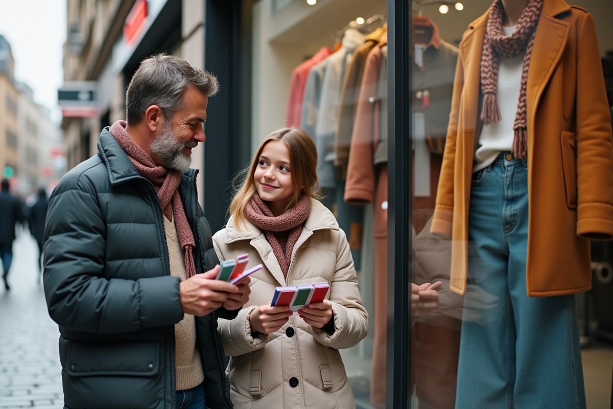 Homme et fille comparant des échantillons de couleurs devant une vitrine