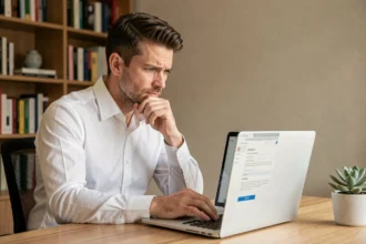 Homme attentif lisant les conditions d'inscription sur un site de rencontres élite depuis son bureau à domicile