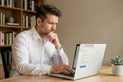 Homme attentif lisant les conditions d'inscription sur un site de rencontres élite depuis son bureau à domicile