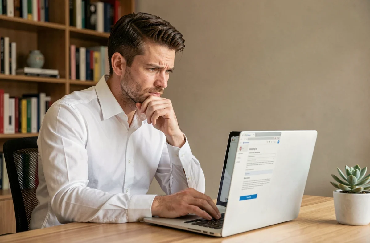 Homme attentif lisant les conditions d'inscription sur un site de rencontres élite depuis son bureau à domicile