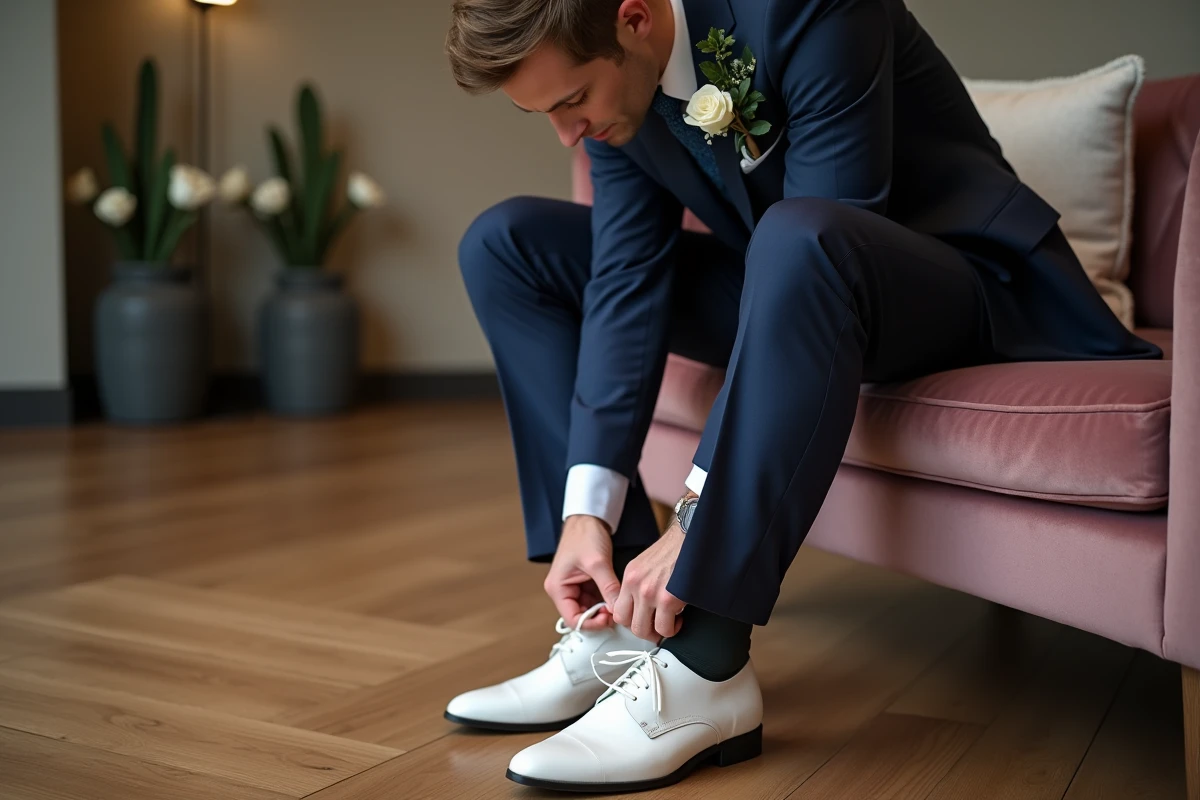 Homme en costume de mariage ajuste ses chaussures blanches