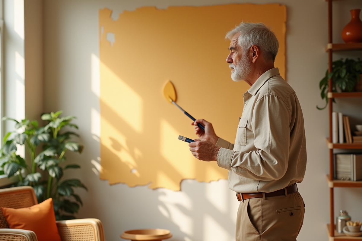 Homme peignant un mur avec des touches de miel et terracotta dans le salon