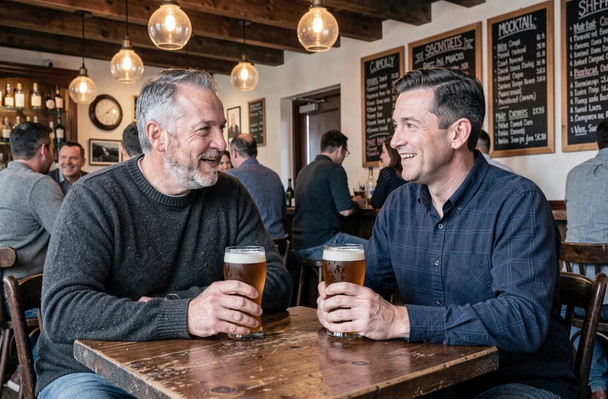 Deux hommes adultes discutant autour d'une bière artisanale sans alcool dans un bar convivial et festif