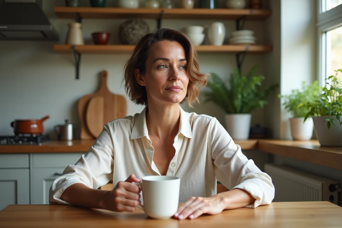 Femme célèbre dans l'intimité de sa cuisine, signe d'une vie privée préservée loin de la scène médiatique