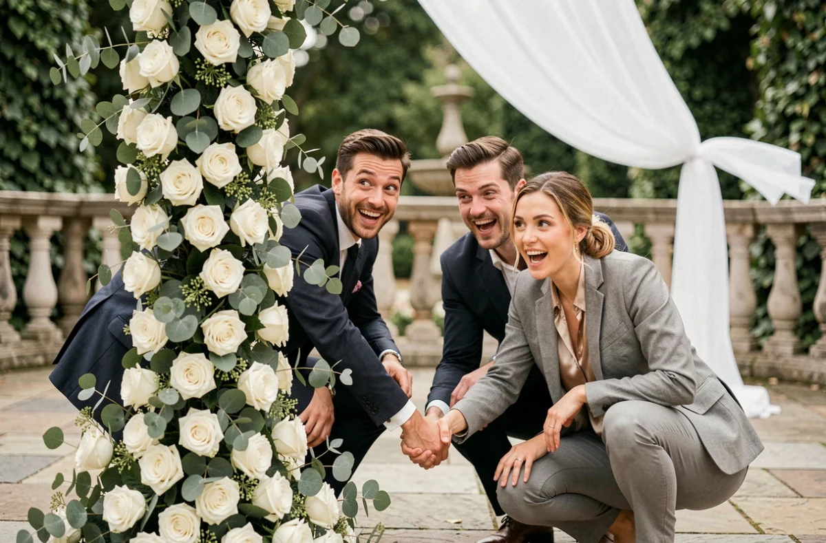 Invités de mariage se cachant derrière une décoration florale pour préparer une surprise aux mariés dans un jardin