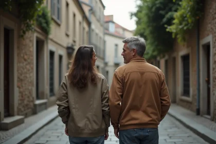 Couple célèbre marchant discrètement dans une rue résidentielle calme, préservant leur intimité loin des projecteurs