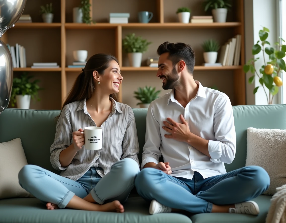 Jeune couple rieur fêtant leur anniversaire de mariage avec humour dans un salon décoré de ballons