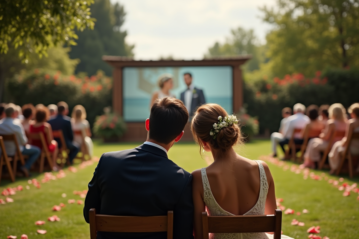 Jeune couple regardant un diaporama en plein air lors du mariage