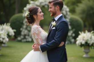 Jeune couple de mariés dans un jardin lors de leur premier regard