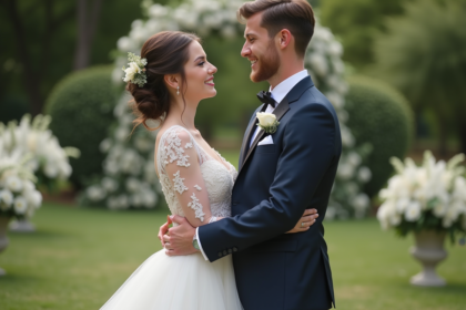 Jeune couple de mariés dans un jardin lors de leur premier regard