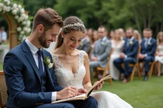 Jeune couple en mariage consulte playlist musicale