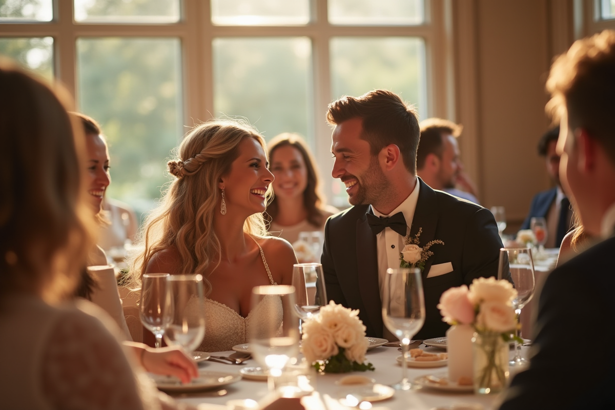 Jeune couple de mariés riant lors d'un jeu de mariage à la réception