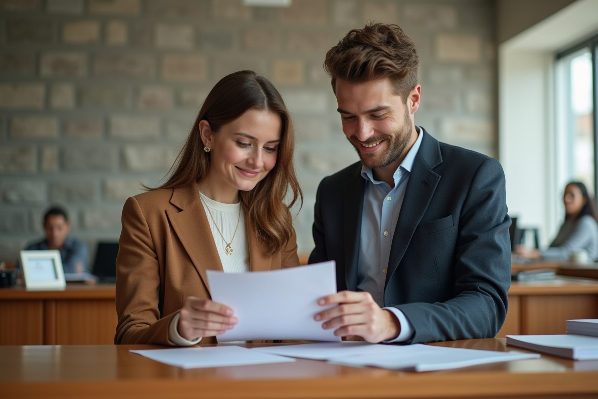 Jeune couple en mairie préparant leur dossier de mariage