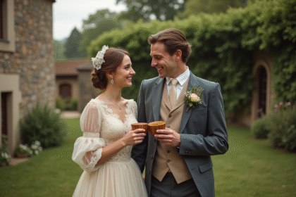 Jeune couple de mariés en extérieur dans un jardin fleuri