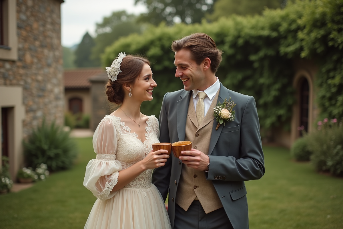 Jeune couple de mariés en extérieur dans un jardin fleuri