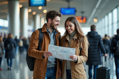 Jeune couple souriant à la gare avec carte et valises