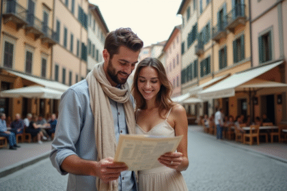 Jeune couple de voyageurs souriants dans une vieille ville européenne